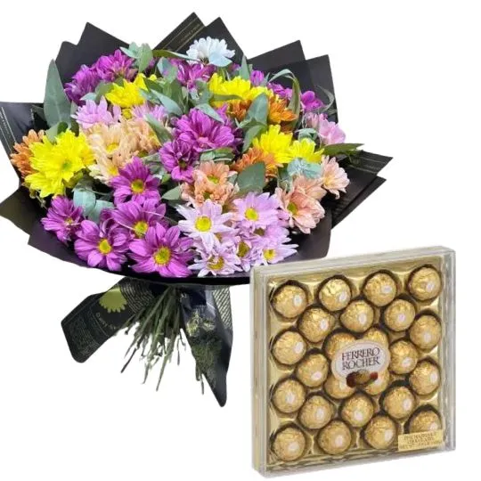 Ramo de flores margaritas con ferrero rocher x 24